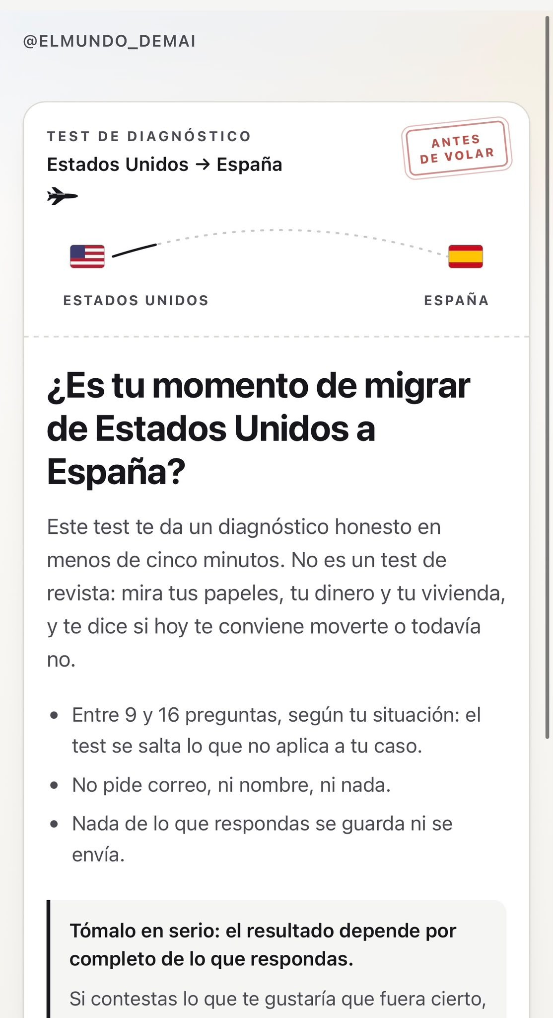 Pantalla inicial del Test Semáforo Migratorio